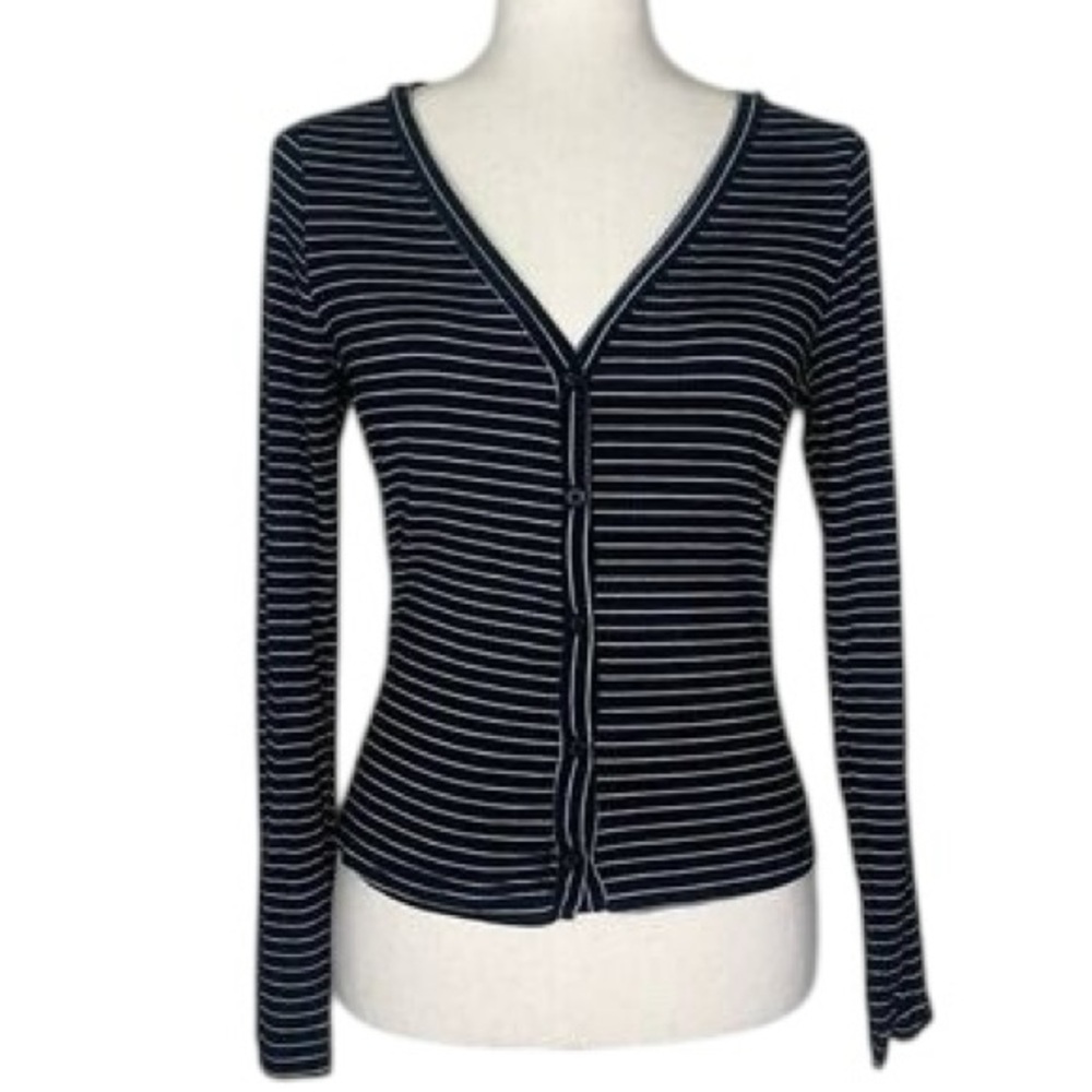 Ribbed Cardigan WhoWhatWear Black and White striped size M Minimalist Office